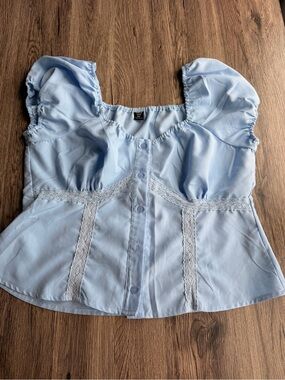 SHEIN Light Blue Lace-Trim Puff Sleeve Blouse
